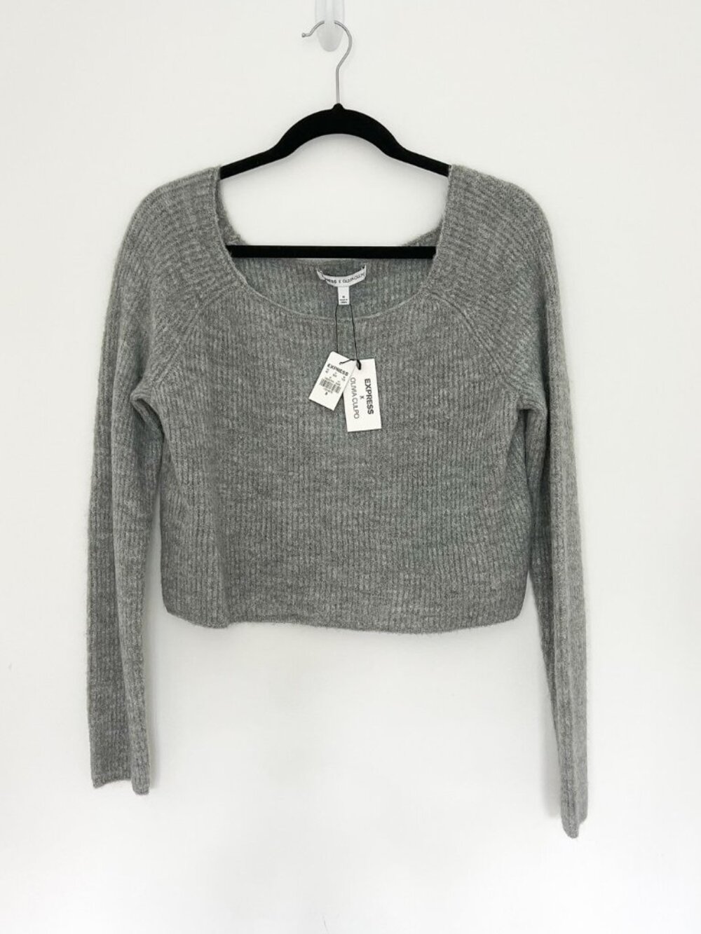 Express x Olivia Culpo Ribbed Knit Crop Sweater + Jogger Set Grey NWT
